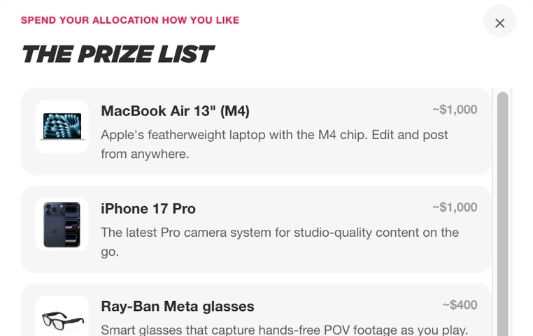 The prize list: gear creators can choose from, with prices