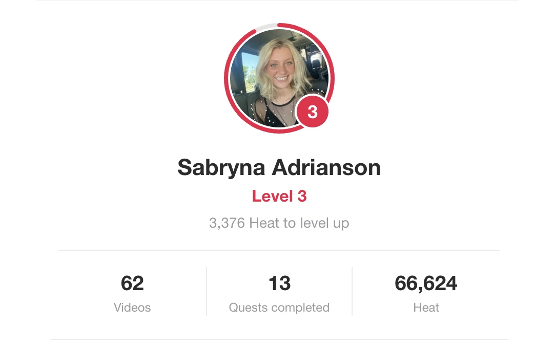 Creator profile showing level, videos, quests completed and total Heat