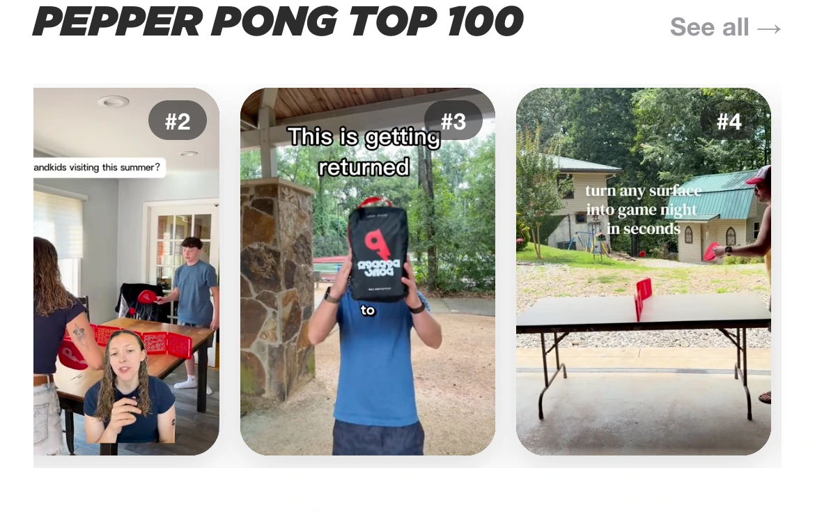 Pepper Pong Top 100 board with ranked creator videos